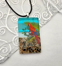 Large Handcrafted Colorful Parrot/Beach/Ocean Fused Dichroic Glass Pendant