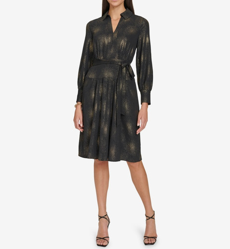 $149 Calvin Klein Belted Long Sleeve Collared Midi Dress Women's 12 Gold Black