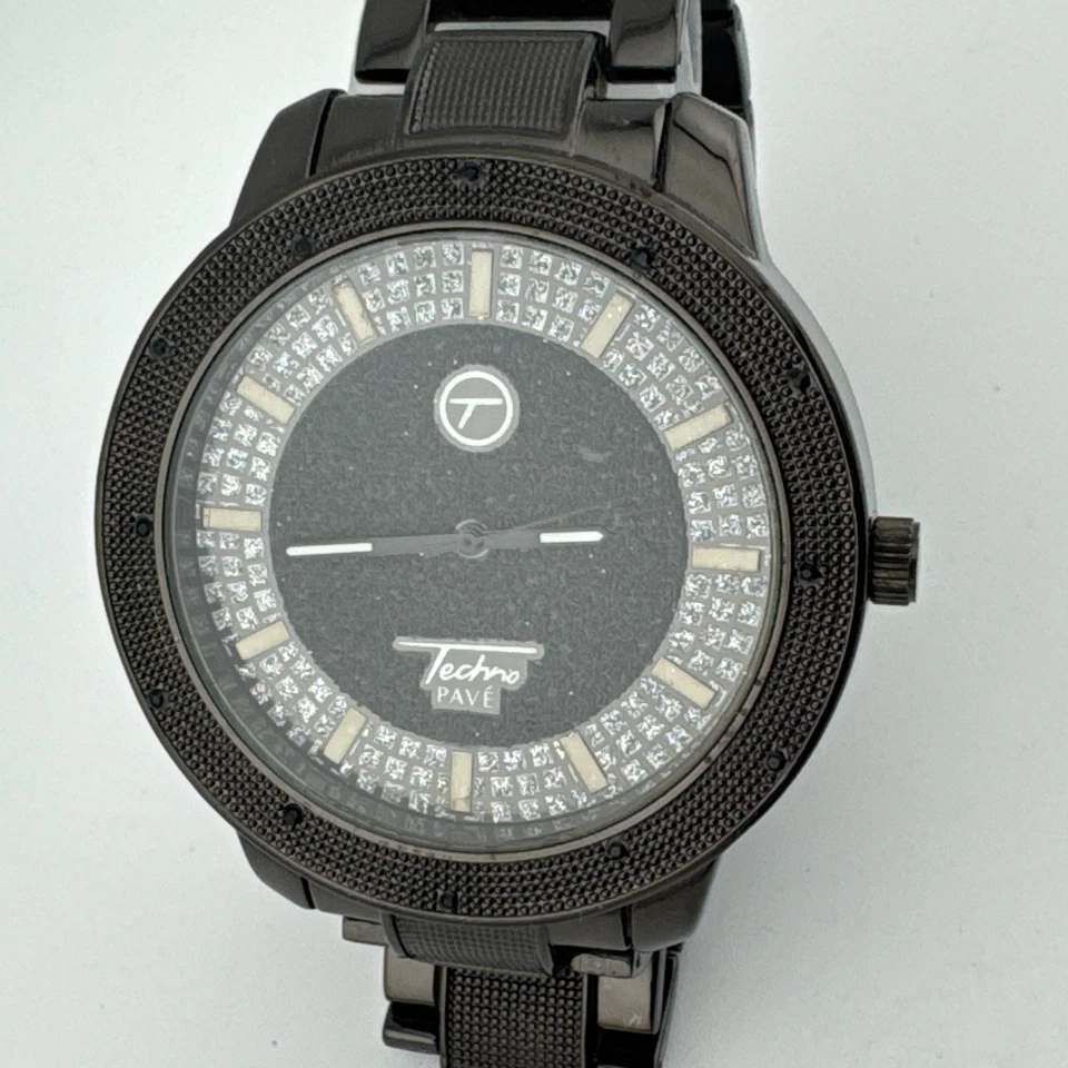 Techno Pave Quartz Watch Men Black Rhinestone Large 55mm Japan Analog New Batter - Image 2 of 4