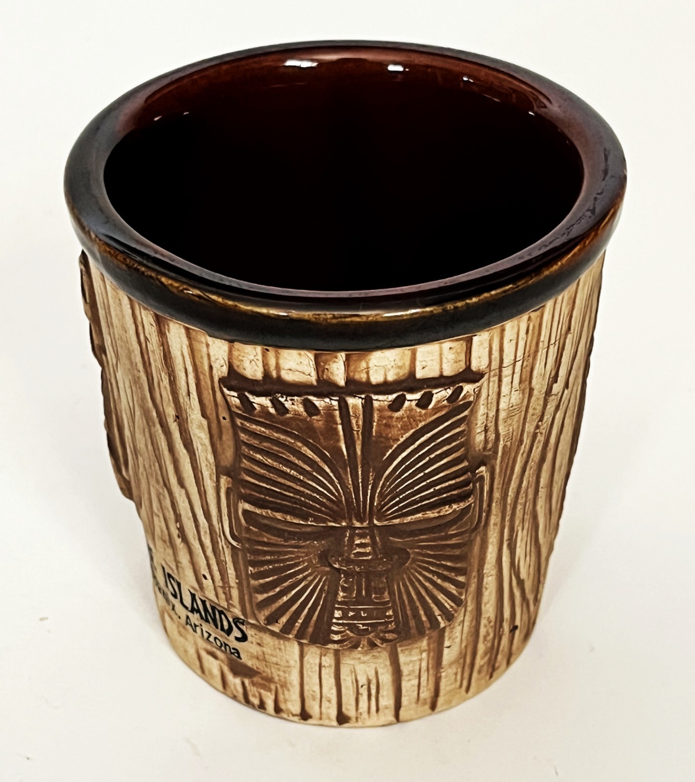 VTG 3 FACES BROWN TIKI MASK PLANTER BUCKET MUG CUP ISLANDS PHOENIX AZ OMC JAPAN