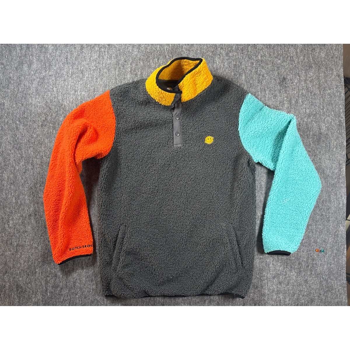 Dutch Bros Coffee Colorblock Sherpa Fleece Pullover Grey Orange Teal Medium