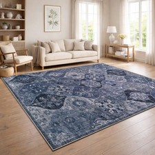 Vintage Boho moderner Wohnzimmerteppich Kurzflor waschbar rutschfest Blau