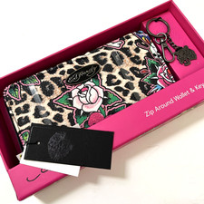 Ed Hardy Leopard Print Rose Skull Zip-Around Wallet Wristlet  Key Ring   NWT