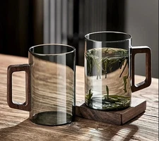 1pc 400ml Glass Mug with Walnut Handle Heat-Resistant Large Tea Coffee Cup - NEW
