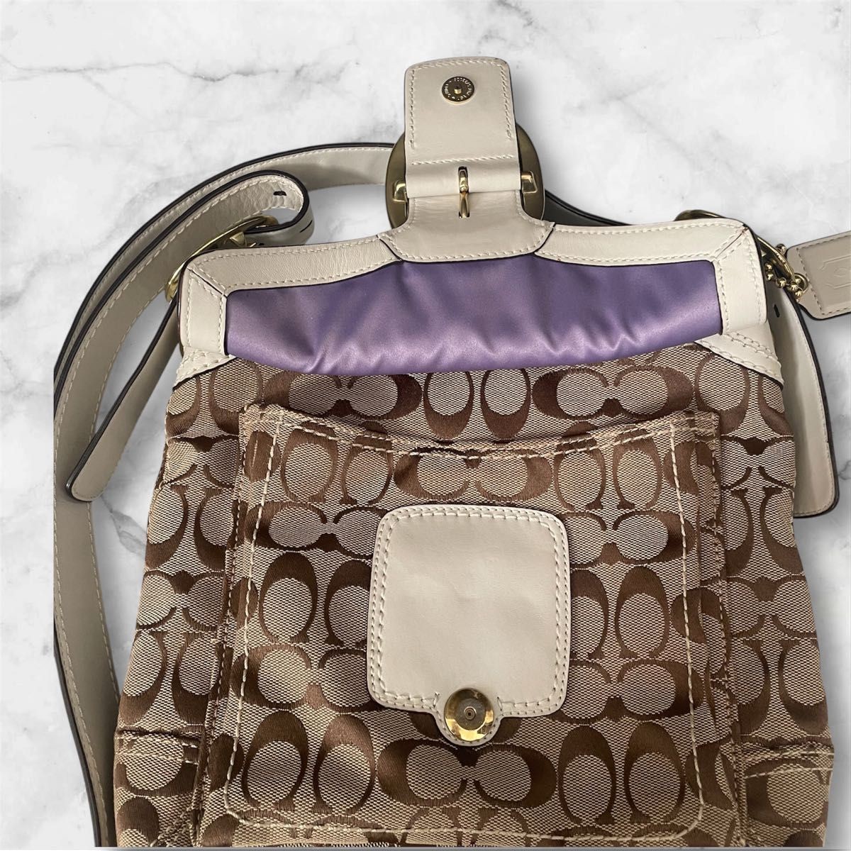 COACH Signature Shoulder Bag Beige x Brown Excellent Condition Canvas Leather wi thumbnail 3