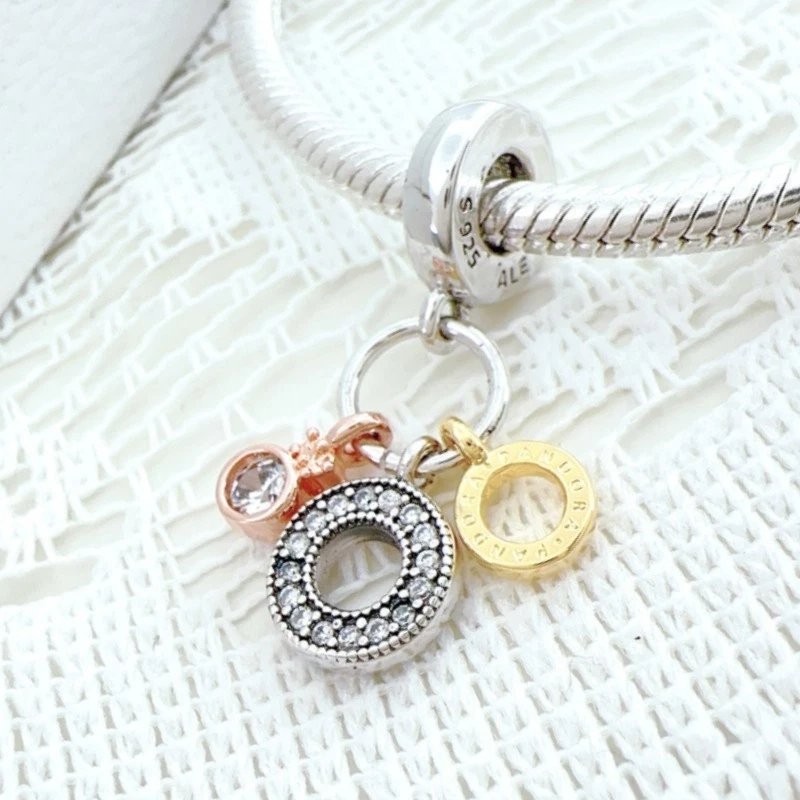 925 Silver & Gold-plated Triple Monogram Pave Dangle Charm fit Moments Bracelet - Image 4 of 4