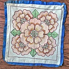 Vintage 18" Sq Handmade Pillow Cover Beige BIG Pink Embr Flowers Leaves