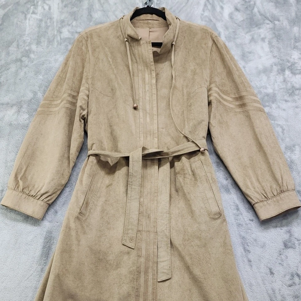 Vintage 70s City Life Trench Coat Womens L Tan Soft Felted Faux Suede Tie Belt - Image 2 of 4