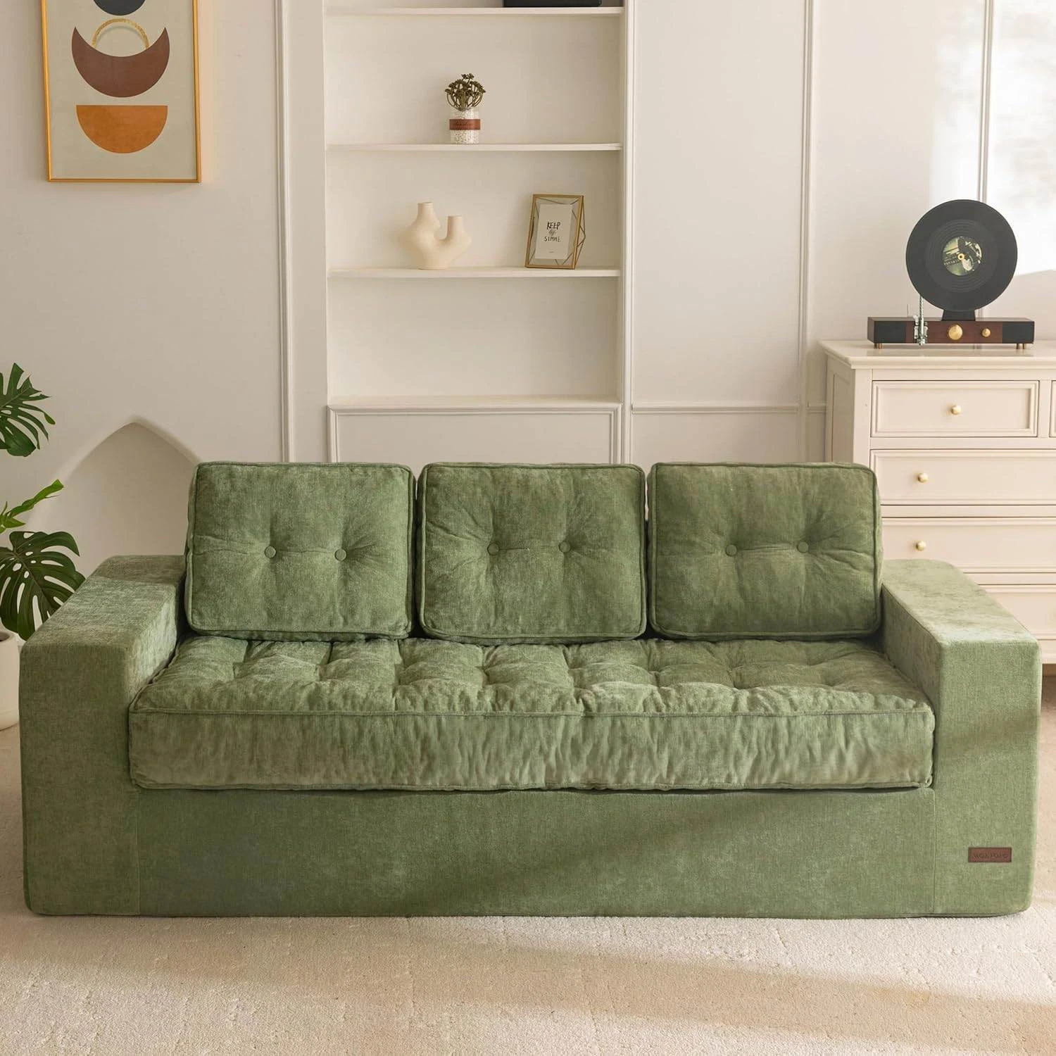 Green Chenille Sofa 3 Seat Tufted Button Detachable Covers Modern Loveseat Plush
