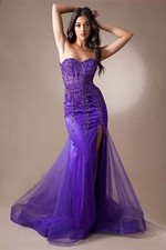Tulle Skirt Side Slit Embroidered Bodice Long Prom Dress