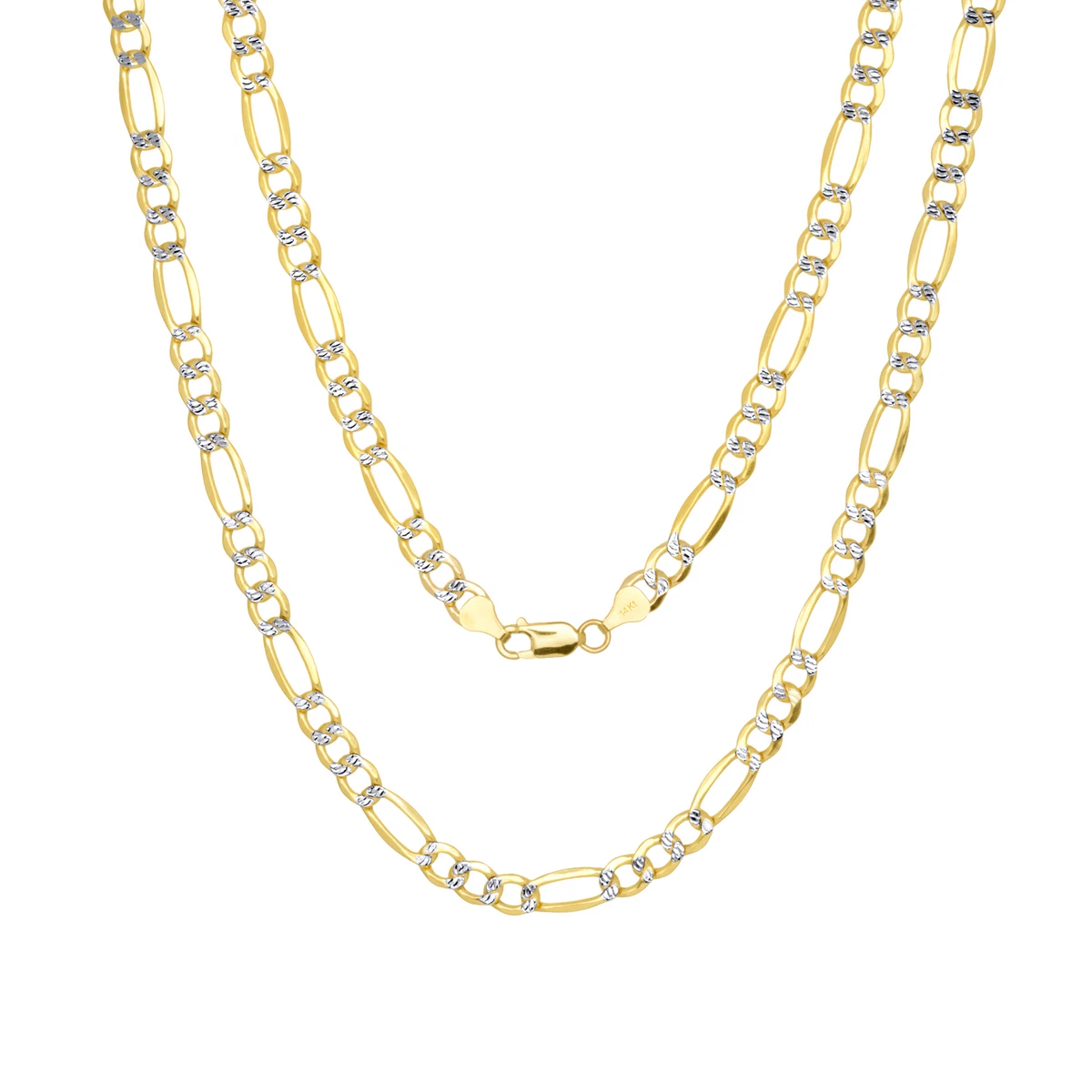 14K Yellow Gold Men 7mm Diamond Cut White Pave Italian Figaro Chain Necklace 28