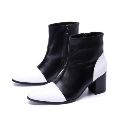 Men's Leather Color Match Block Heels Ankle Boots Casual Party Dress Club Shoes