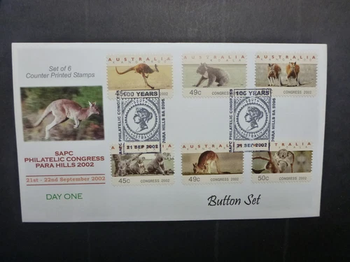 AUSTRALIA 2002 SAPC CONGRESS SET 6 CPS STAMP EXHIBITION COVER- BUTTON SET