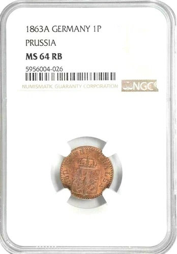 1863 A German States Prussia 1 Pfennig, NGC MS 64 RB, Germany 026  