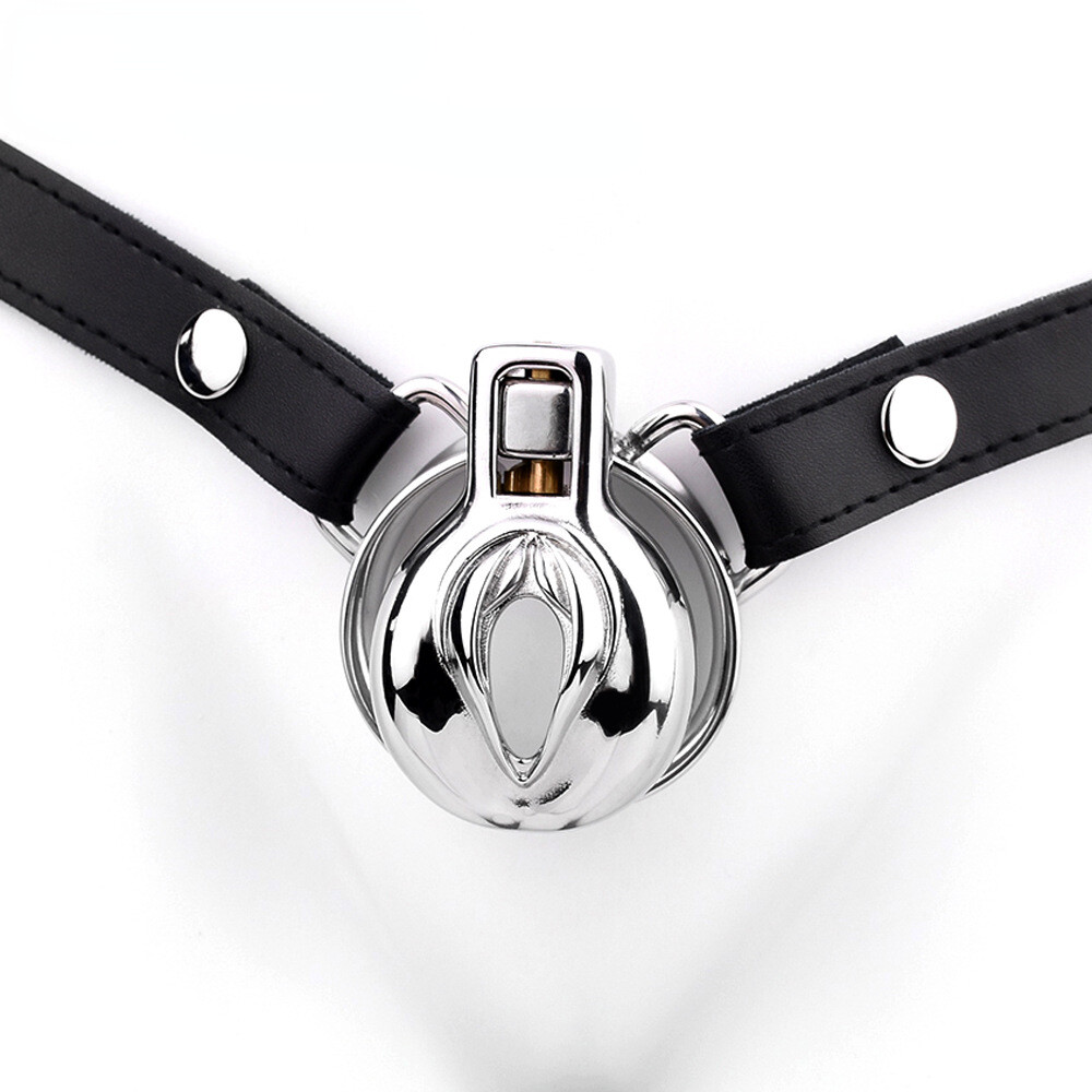 Stainless Steel Male Sissy Simulation Pussy Wear Chastity Cage Device with  Belt