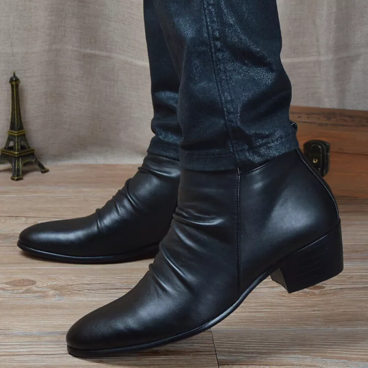 Mens Pleated Leather Pointy Toe Ankle Riding Boots Zipper Cuban