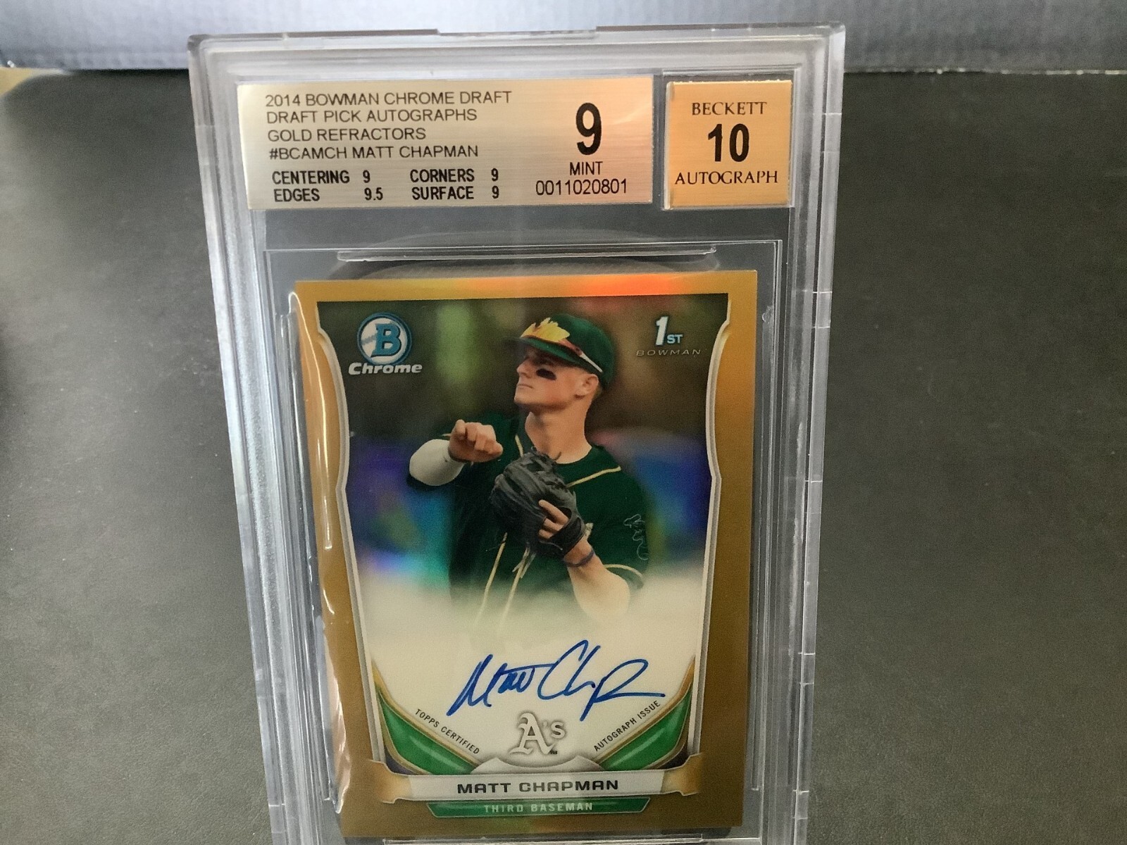 2014 BOWMAN CHROME DRAFT DRAFT PICK AUTO GOLD REF MATT CHAPMAN /50 BGS 9 AUTO 10