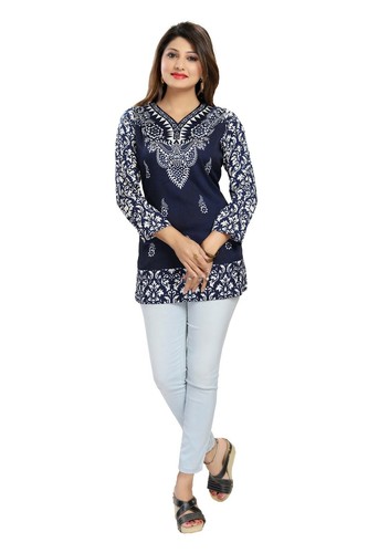 Top Ethnic Pakistani Designer Top 3/4 Sleeves Printed Kurti Women MI518 BLUE - Picture 2 of 7