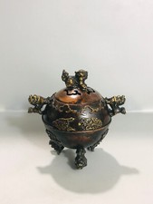 Collectible chinese old copper gilt Handmade dragon lion small incense burner