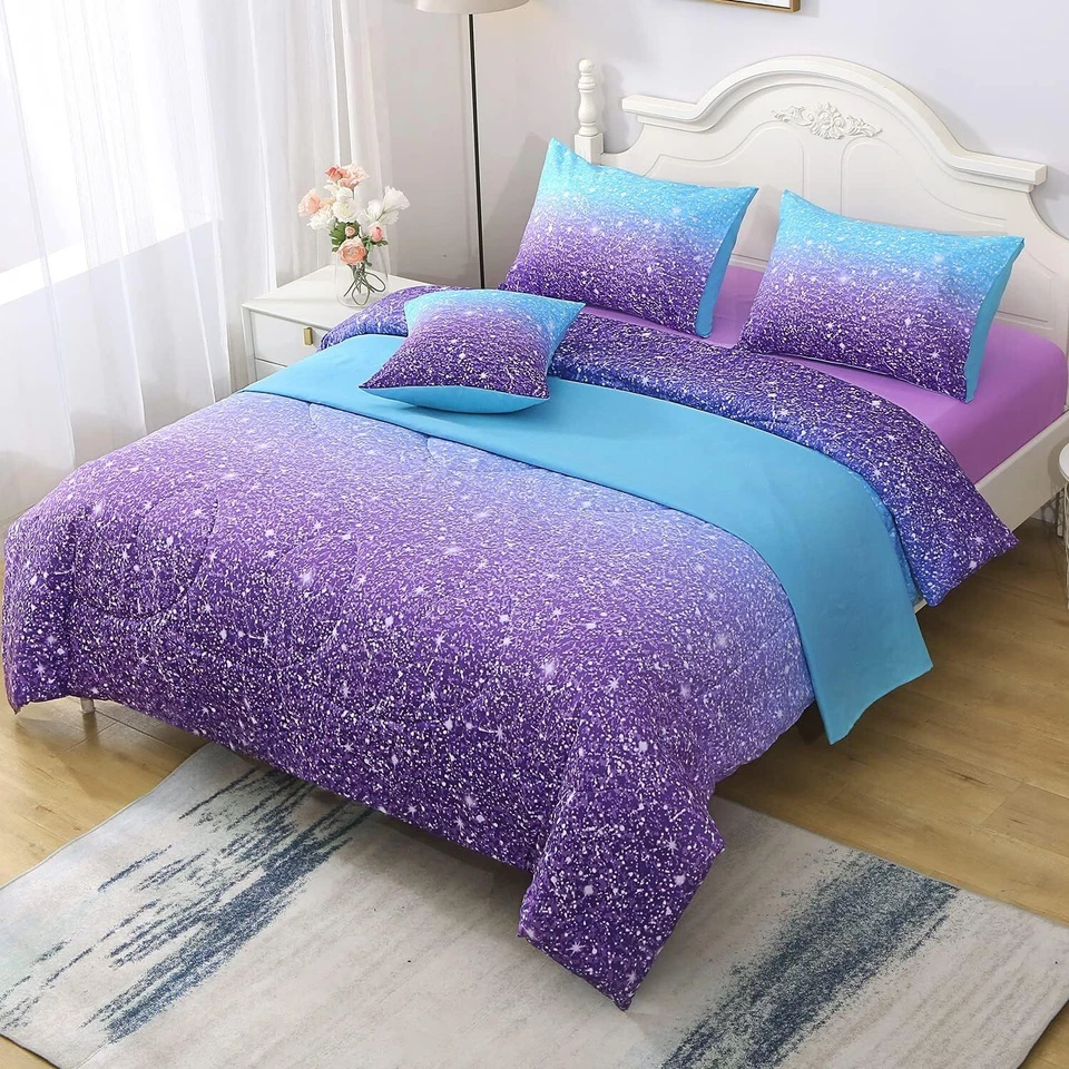 Juego de edredón tamaño doble, juego de cama de bolsillo de 6 piezas para niñas y niños (azul-púrpura) Foto 4 de 4