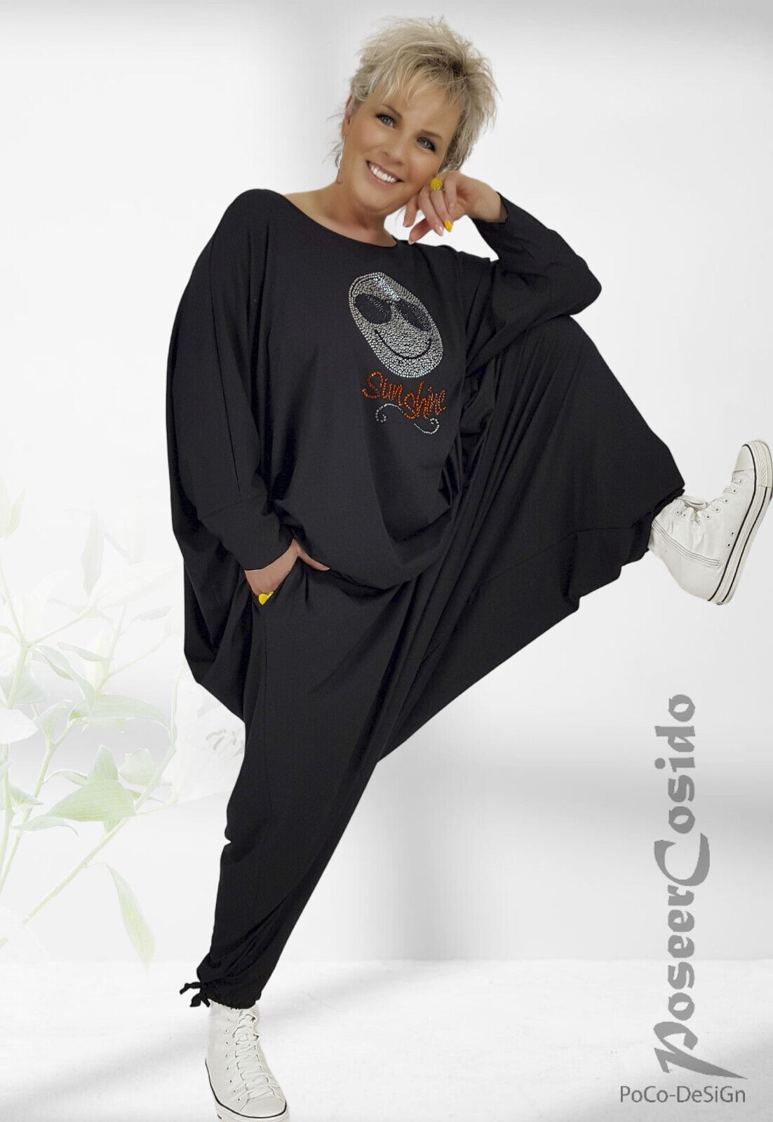 LAGENLOOK Shirt Tunika Oversize schwarz Strass XL-XXL-XXXL 46 48 50 52 54 56 58