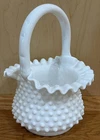 Vintage Fenton Hobnail White Milk Glass 9" Basket w/ Handle & Ruffled Edge