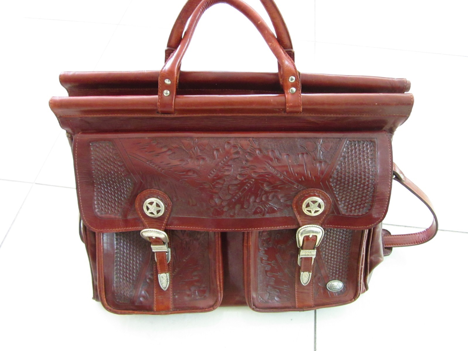 American West TRAVEL Bag VINTAGE Tooled Leather Studded w Buckle & Clip Pouch