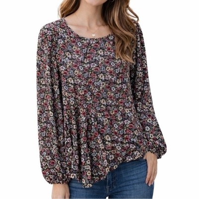 Primark Floral Peplum Blouse Long Sleeve Black Red Green Women's Size 10 (L)