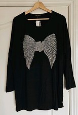 Frank Usher Long Sleeve Round Neck Embellished Bow Jersey Top, Black, Size L/XL