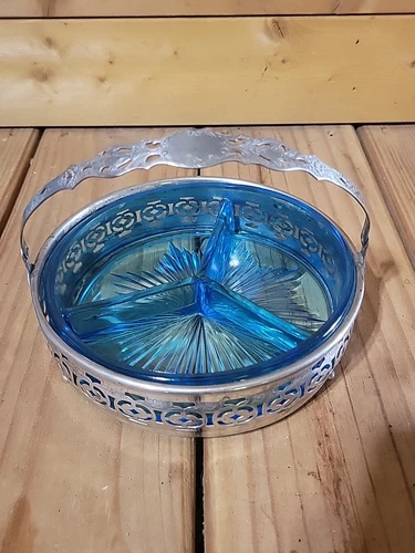 Vintage Blue Depression Glass Divided Dish With Ornate Designs