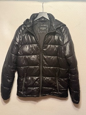 GUESS Black Puffer Jacket Zip Stand-Up Collar Men's M Mid-Length