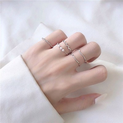 5Pcs Fashion Jewelry Rings Set Metal Hollow Round Opening Women Finger Ring