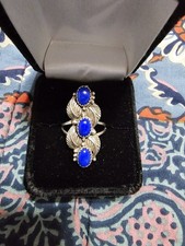 Native American Navajo Vintage Sterling Lapis Lazuli Long 3 Stone Ring Sz-8.5