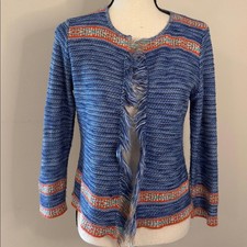 Ruby Rd. Multicolor boho warm Knit Cardigan Sweater open front fringe trim SZ SM