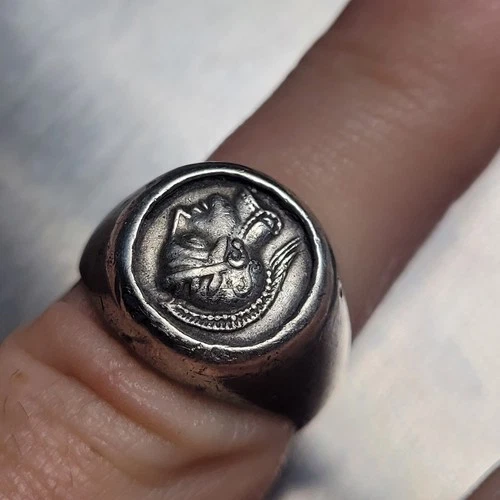 Antique Vintage Ancient Greek Style 900 Silver Coin Signet Ring Size R