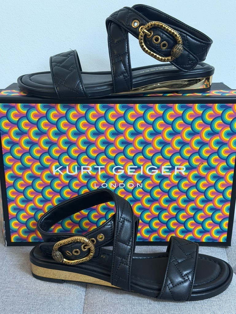 KURT GEIGER Black Leather Mayfair Flat Sandals NWB UK5 EU38 RRP £169 Free 🚚
