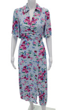 Zara Womens Side Zip Short Sleeve V Neck Midi Floral Dress Blue Multi Size Small