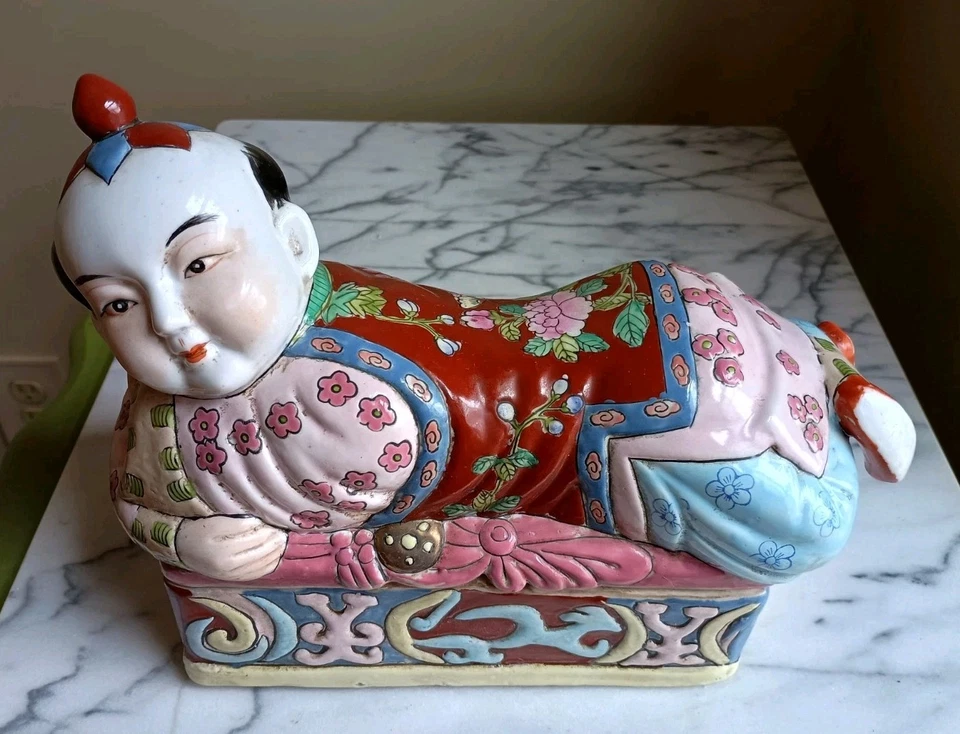 RARO Antigo Pintado à Mão Família Chinesa Rosa Ho-Ho Menino Fronha, Dinastia Qing - Imagem 2 de 4