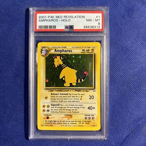 PSA 8 Neo Revelation Unlimited Ampharos  2001 1/64 Holo Pokemon Card SWIRL