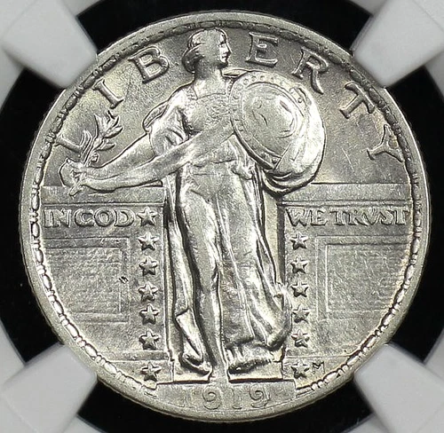 1919 STANDING LIBERTY QUARTER NGC AU 53 GLOSSY, SLIGHTLY GREYING SILVER, LIGHT,