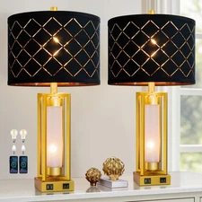 Set of 2 Modern Table Lamps for Living Room Bedroom with USB +A, Rustic Night...