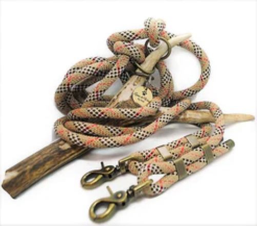 Laisse 3 points réglable en paracorde 10mm Tartan Beige pour chien robuste
