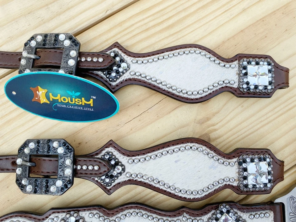MOUSM Western Leather Headstall and Breast Collar Tack Set for Horses - White - Image 3 of 4