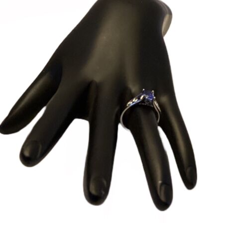 10K SOLID WHITE GOLD LAB CREATED SAPPHIRE & GENUINE DIAMOND RING SZ 6.5 - Picture 3 of 12