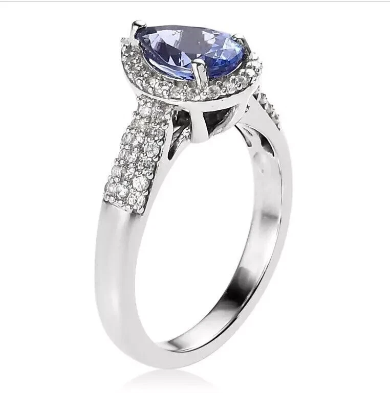 Anillo de compromiso de tanzanita de 2,40 quilates lágrima de oro blanco de 14 quilates joyería vintage de lujo Foto 3 de 4