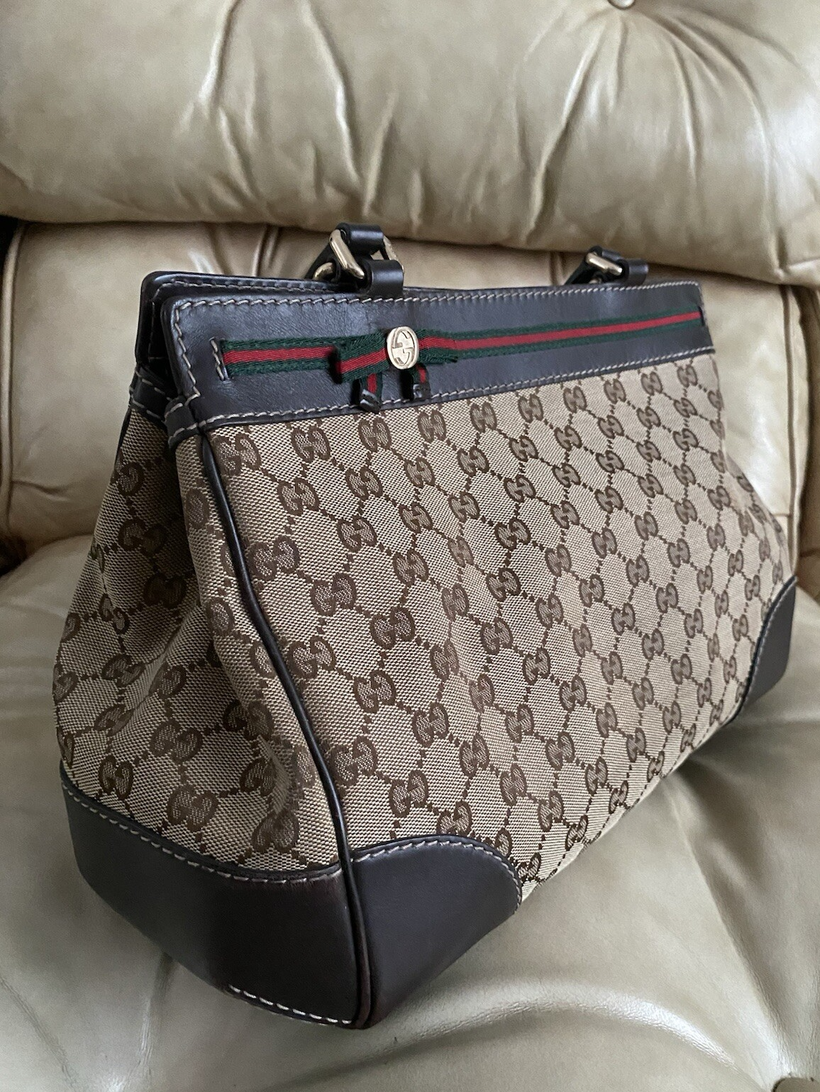 GUCCI Mayfair Princey Satchel GG Canvas Leather Shoulder Bag with COA-image