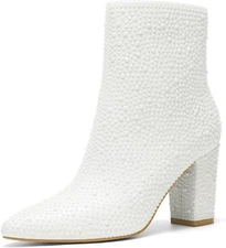 Rollda Women Rhinestone Block Chunky Heel Ankle Bootie Pointed Toe Sparkly 9