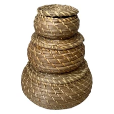 Seagrass Nesting Staking Baskets Round Set 3 Small Medium Large LIDs FRYKEN Boho