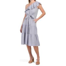 NICOLE MILLER Blue Asymmetric One Shoulder Ruffle Linen Tiered Belted Dress S 6