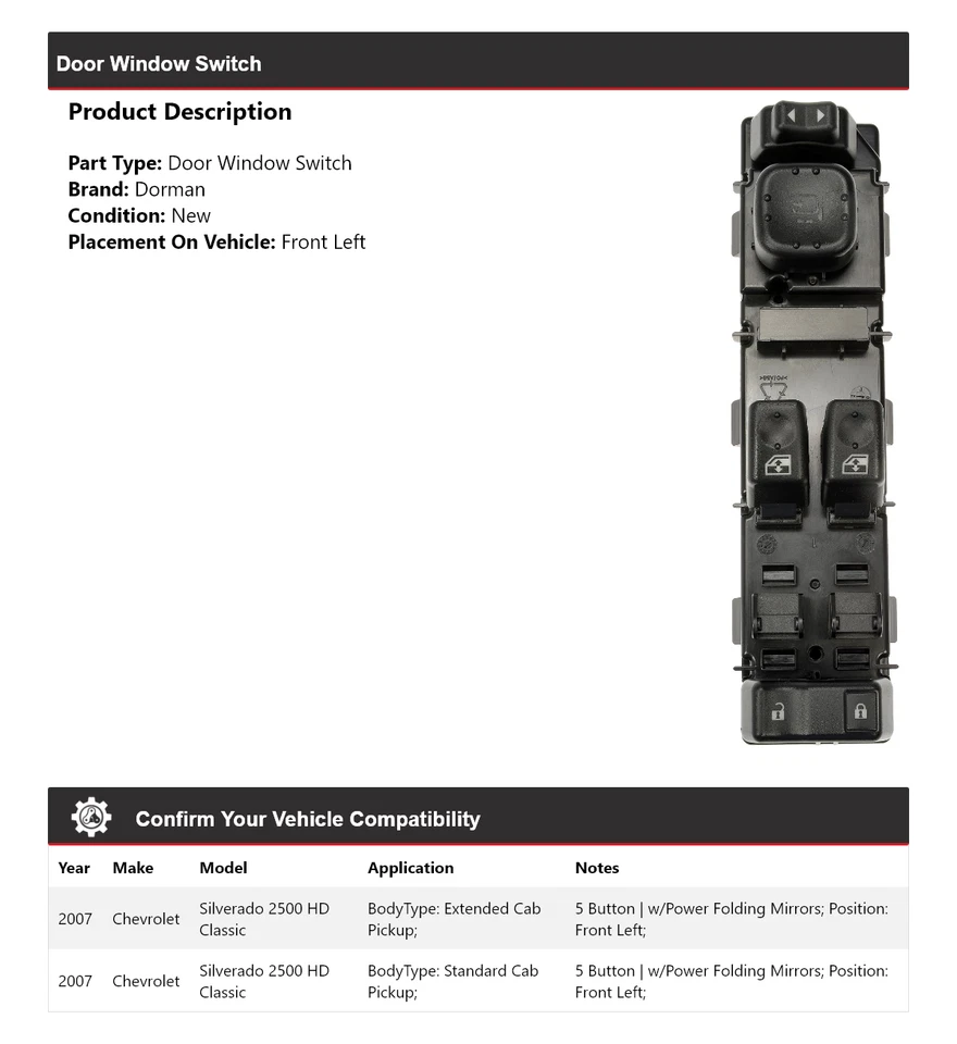 Interruptor de ventana de puerta Dorman Classic 2007 Chevrolet Silverado 2500 HD Foto 2 de 4